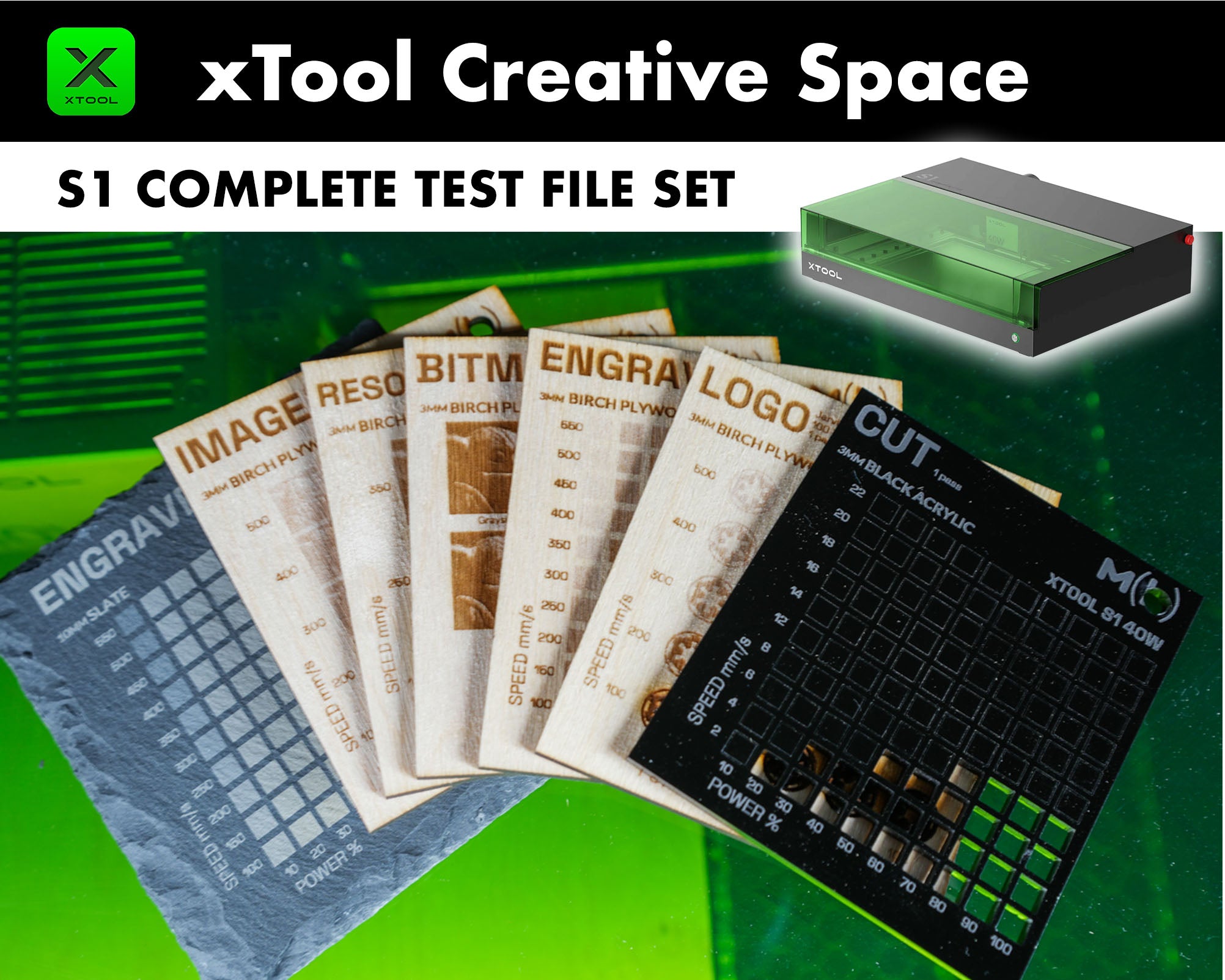 Test File Picture xTool S1 Material Test Files – Make or Break Shop